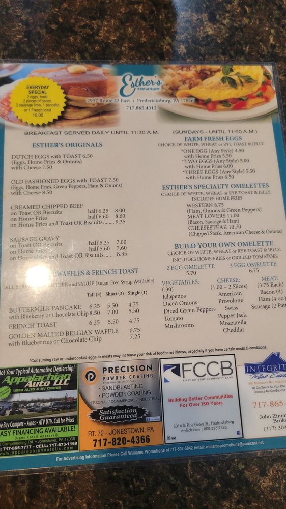 Esther's Restaurant Menu - Image 1