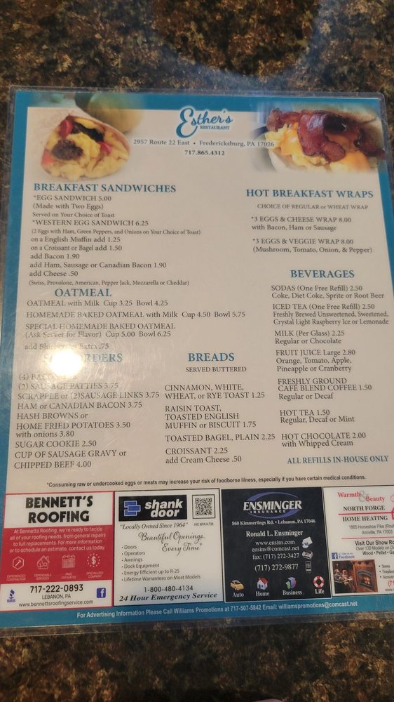 Esther's Restaurant Menu - Image 2